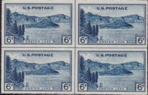US 761 6¢ Crater Lake Farley Mint Positions No Gum VF Center Line Or Cross Gutter Block