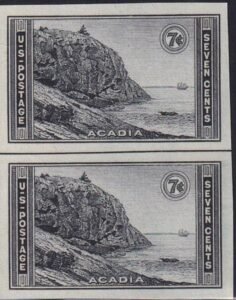 US 762 7¢ Acadia Farley Mint Positions No Gum VF Vert. Pair Horiz. Ln.
