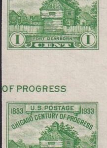 US 766a 1¢ Chicago S/S Farley Mint Positions No Gum VF Vert. Pair Horiz. Ln.