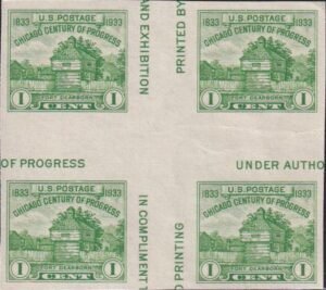 US 766a 1¢ Chicago S/S Farley Mint Positions No Gum VF Center Line Or Cross Gutter Block