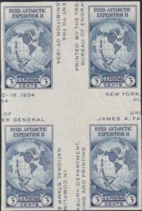 US 768a 3¢ Byrd S/S Farley Mint Positions No Gum VF Center Line Or Cross Gutter Block