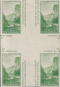 US 769a 1¢ Yosemite S/S Farley Mint Positions No Gum VF Center Line Or Cross Gutter Block