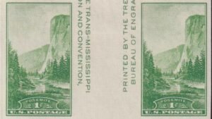 US 769a 1¢ Yosemite S/S Farley Mint Positions No Gum VF Horiz. Pair Vert. Line