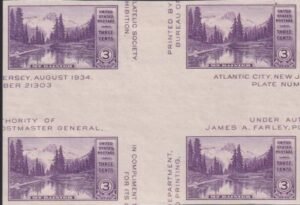 US 770a 3¢ Mt. Rainer S/S Farley Mint Positions No Gum VF Center Line Or Cross Gutter Block