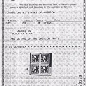 US 377 Washington / Franklin Mint NH VF Jumbo, Photo Of PF Cert For Block