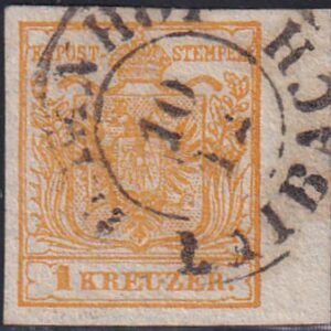 Austria 1H Used VF-XF Golden Yellow With 5mm Sheet Margin At Right. "Bannhof Laibach" Cds Almost Full Cancel Beautiful!