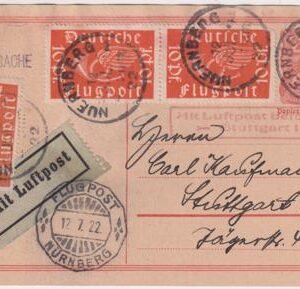 Germany 1922 First Flight Card Nurenburg - Stuttgart