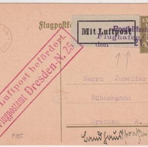 Germany 1925 Goerlitz Flight Card to Dresden on 15pf Postal Card