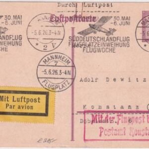 Germany 1926 Mannheim - Konstanz Flight on  15pf Postal Card