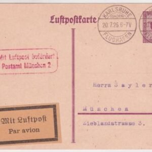 Germany 1926 Karlsruhe - Munich Flight on 15pf Postal Card