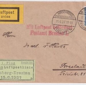 Germany 1927 Hirschberg - Breslau First Flight Cover