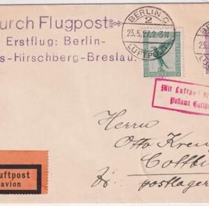 Germany 1927 Berlin - Cottbus First Flight Cover