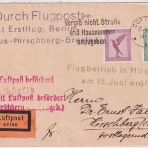 Germany 1927 Cottbus - Hirschberg First Flight Cover