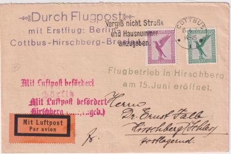 INV-24573itExt_b81b529b-bc90-4f0f-8e6a-69262e81a20c Germany 1927 Cottbus - Hirschberg First Flight Cover