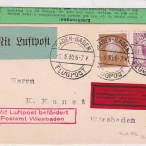 Germany 1930 First Flight Card Baden - Baden to Wiesbaden