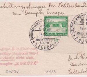 Germany 1936 Catapult Flight Card, Europa, Signed by Helms
