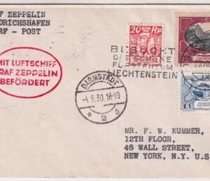 Liechtenstein 1930 Zeppelin Flight Cover to Darmstadt