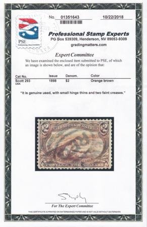 INV-25586x1_b133dc0d-9476-4f5c-a47e-d466e4d1862f US 293 Early Commemoratives Used XF Beautiful Centering, PSE Cert Mention, Thin Spot + Faint Creases