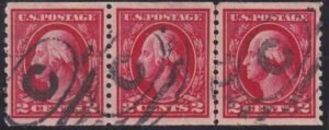 US 444 Washington / Franklin Used XF Line Strip Of 3 Left Stamp Damaged On Back, NYC. Right Stamp Corner Crease