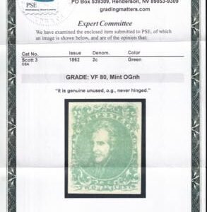 US Back Of Book - Confederate States of America 3 Mint NH VF-XF Pristine OG NH - A True Rarity As Such. PSE VF 80 Undergraded Cert. Underpriced as NH