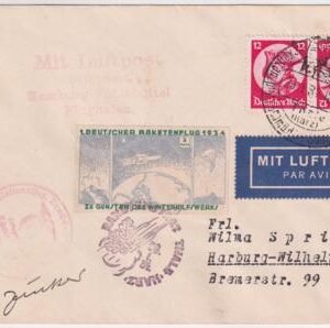 Germany 1934 Rocket Post cover with Silver/Green Rocket Mail Vignette.