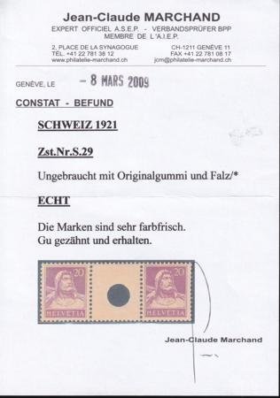 INV-26058x1_ade99b8a-f230-4626-9a8b-f8cf75d9865a Switzerland SBK 529 Mint LH VF 20c. Red Lilac Small Hole Interspace Pair Marchand Cert.