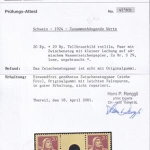 Switzerland SBK 529 Mint LH VF 20c Red Lilac Small Hole Interspace Pair Renggli Cert