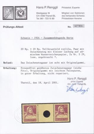 INV-26059x1_0deaf526-59da-4bdb-a490-9873dbdf2550 Switzerland SBK 529 Mint LH VF 20c Red Lilac Small Hole Interspace Pair Renggli Cert