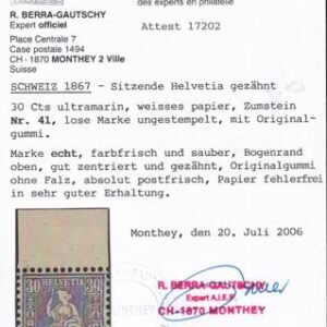 Switzerland 56(SBK 41) Mint NH XF Lovely NH Top Margin Example Must Be One Of The Finest Known! Berra Cert.