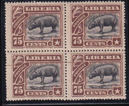 INV-26148itExt Liberia 110 Mint LH/NH F-VF Block, Bottom Pair Unlisted Plate Crack In Brown Across Both Stamps. 3 Stamps NH