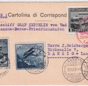 Liechtenstein 1931 Vaduz -Lausanne Flight Card with C2, C4 & C7