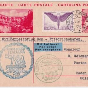 Switzerland 1933 Italian Flight on 20c Postal Card with C12