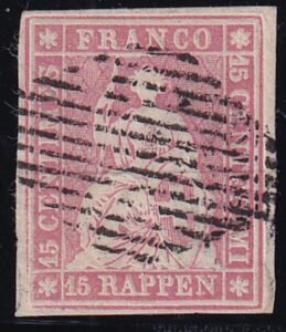 Switzerland 22 SBK 24B Used XF-SUP 4 Fl, Large Margins Around Swiss Cert. Beautiful!