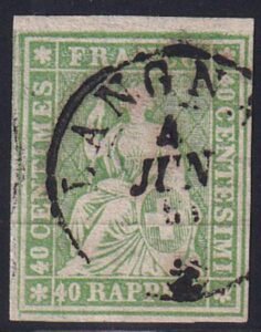Switzerland 40 Used XF-SUP Light Green Shade, 4 F.L With 4 Large Margins Around Langnau Cds Trussel Cert.