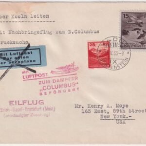 Liechtenstein 1933 Columbus Catapult Cover to New York