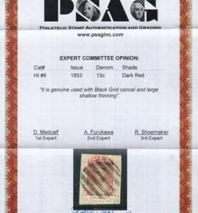 US Possessions - Hawaii 6 Used F-VF 3 3/4 Margins Thin, Beautiful Cancel PSAG Cert