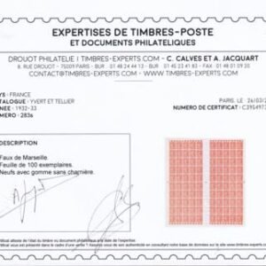 France 146 (Yv 199) Marseille Postal Forgery. Full Sheet W/ Cert.