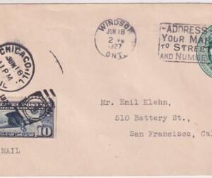 Canada/US 1927 US C10 Unofficial Chicago FDC on Canada 2c Entire