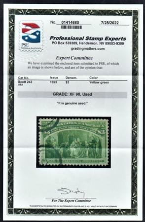 INV-27808×1-1 US 243 Early Commemoratives XF Used Neat Target Cancels New PSE Cert