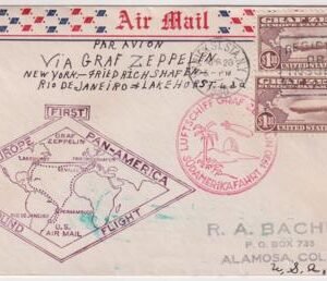 US 1930 C14 (x2)  VF  on Flown Zeppelin Cover to Colorado. Stamp