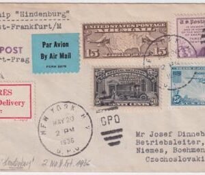 US 1936 2nd Hindenburg North American Flight Cover to Czechoslovakia