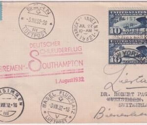 US 1932 Catapult Cover Bremen - Southampton, C10 pair, to Switzerland, Aug 1