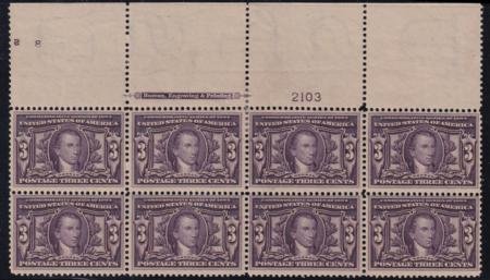 US 325 Early Commemoratives LH F-VF Wide Top Plate Block Of 8