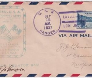 US 1937 Scott  761 Farley Issue on U.S.S. Ranger Cover Signed by Jesse G. Johnson, Rear Admiral
