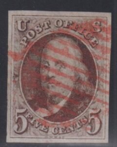 US 1a Early Classics  Dual PF Certs: Genuine used Red Grid Canbcel Beautifully Balanced Margins