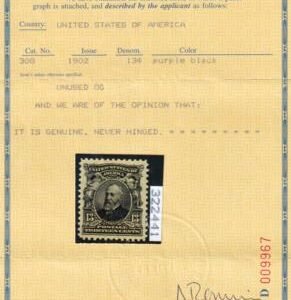 US 308 US Bureau and Regular Issues  PF Cert: MNH