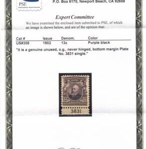 US 308 US Bureau and Regular Issues  With PSE Cert: MNH (LH in Selvage) Plate 3831 Single