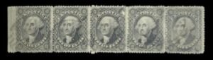 US Classics 36 Strip of 5, Po91-5R1 Left stump missing Perf Used F-VF