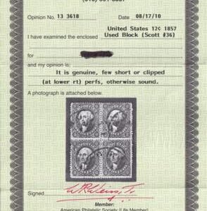 US Classics 36 Rare Block of 4, some clipped Perfs LR, o/w nice. Weiss Cert Used F-VF