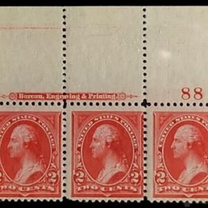 US Bureau and Regular Issues 250 Top Margin Plate # Strip, short perf. Dark carmine shade Mint